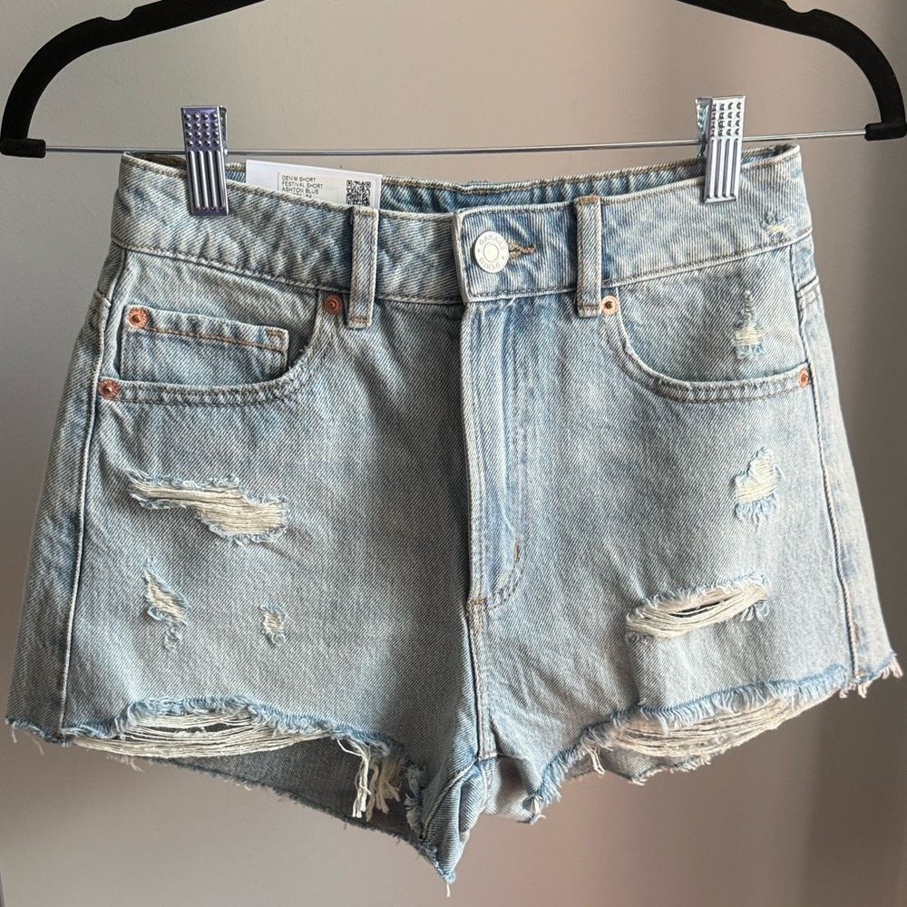 Distressed Light Blue Denim Shorts